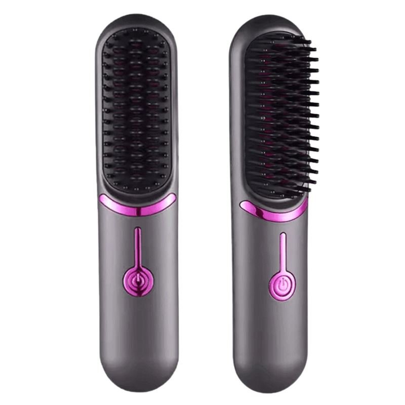 Two identical UNIQ 2-in-1 Straightening Brushes with ceramic plates, black bristles, dark grey bodies, and pink accents are shown front and side on a white background. Features fast heating and USB-C charging for efficient styling.