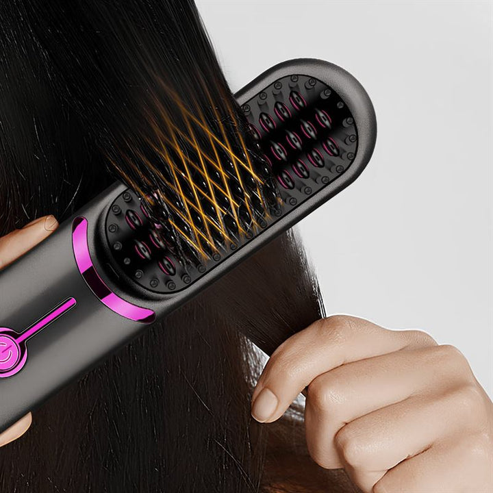 A person uses the UNIQ 2-in-1 Straightening Brush with Ceramic Plates—fast heating and USB-C charging—to effortlessly smooth long, dark hair, with glowing lines hinting at its advanced technology.