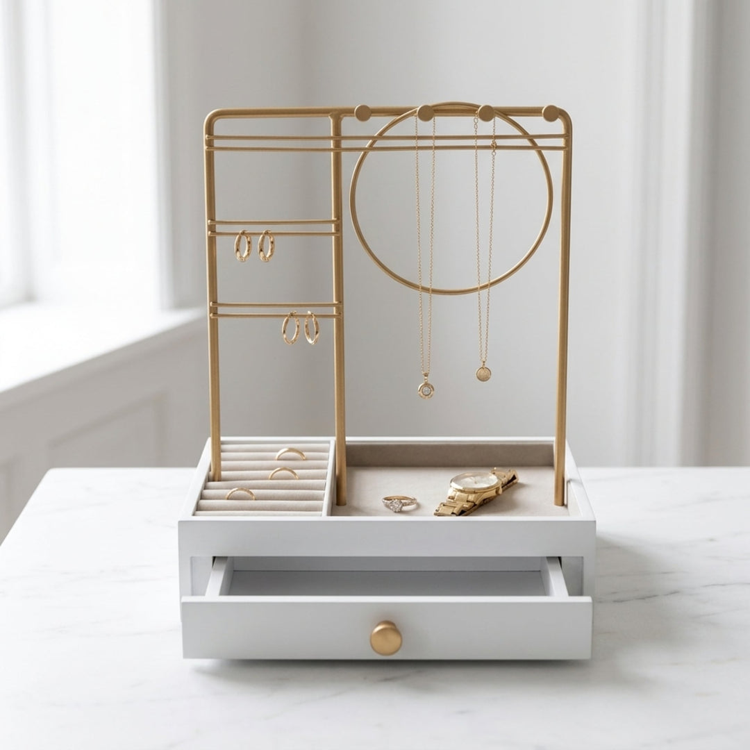 UNIQ Gouden Sieradenstandaard met Lade - Sieradenhouder voor Oorbellen en Kettingen (29 cm)