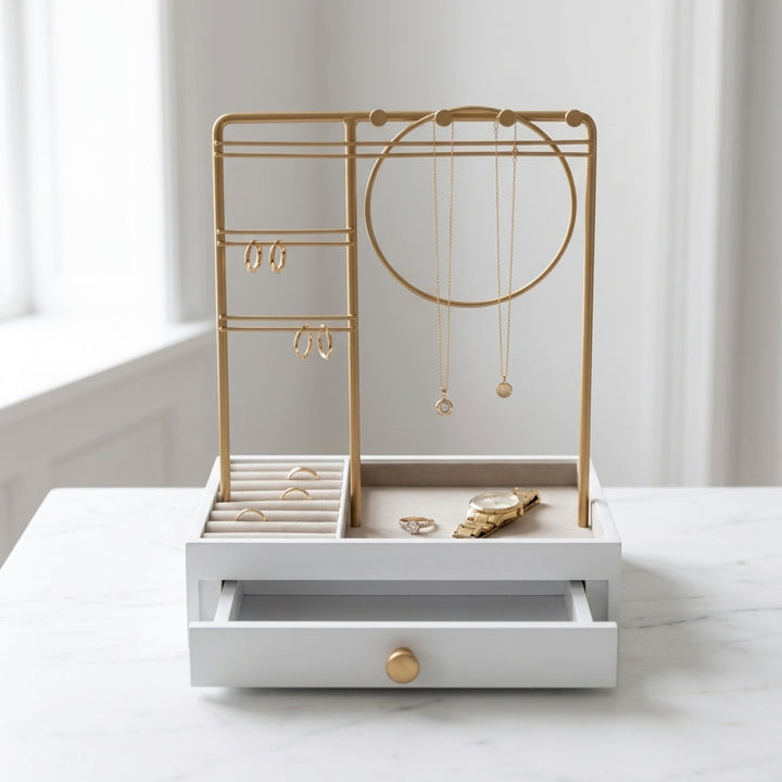 UNIQ Gouden Sieradenstandaard met Lade - Sieradenhouder voor Oorbellen en Kettingen (29 cm)