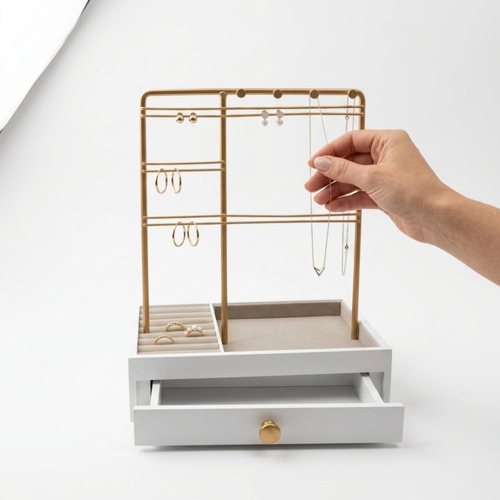 UNIQ Gouden Sieradenstandaard met Lade - Sieradenhouder voor Oorbellen en Kettingen (29 cm)