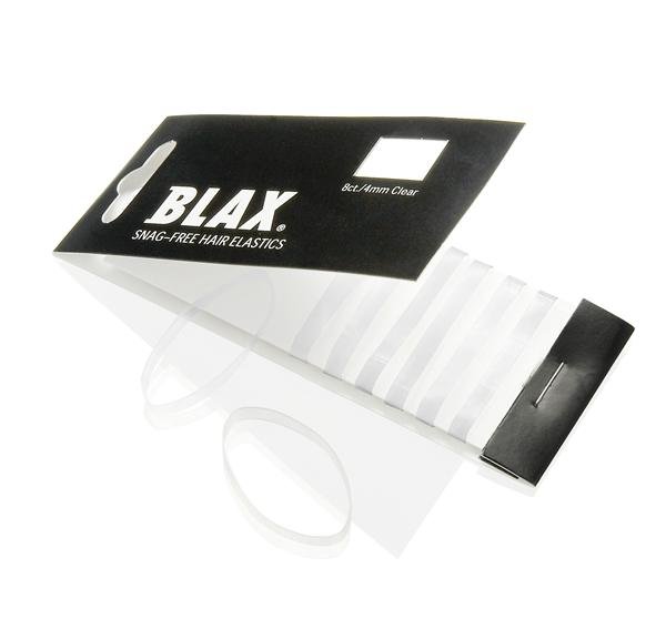 A partially open pack of BLAX Hair Elastics - Clear (8 pcs) by BLAX displays several transparent, flexible plastic hair ties against a white background.