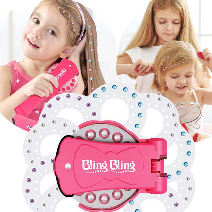 A girl uses the Fashiongirl Bling Bling Ultimate Glam Kit’s pink styling tool to add colorful diamonds to her hair, while two others decorate with sticky gems, all smiling and enjoying the 180-diamond set.