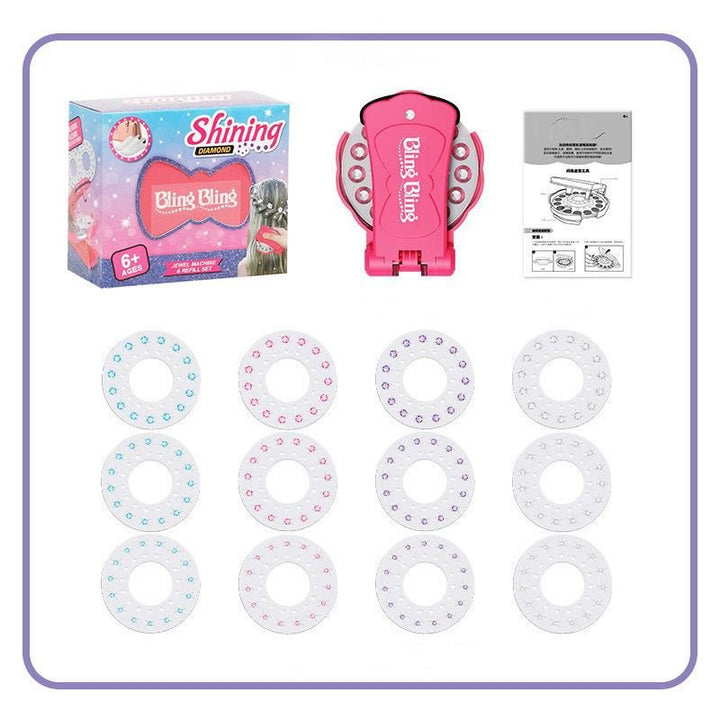 The Fashiongirl Bling Bling Ultimate Glam Kit includes a pink diamond styling tool, 180 diamonds, 12 colorful bead discs, instructions, and a box. Perfect for ages 6+ to create glam hair accessories.