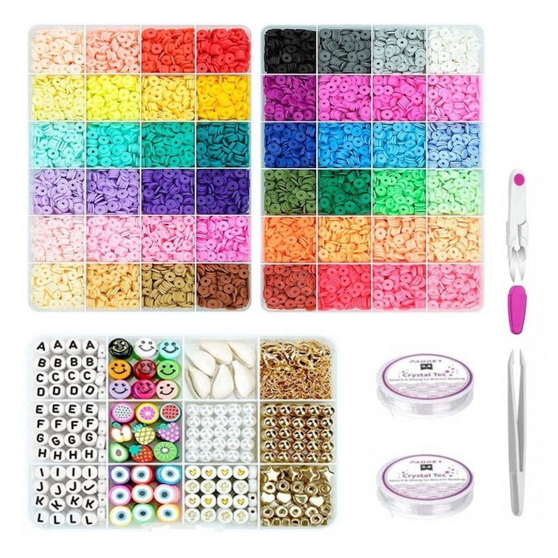 The Fashiongirl Clay Beads / Heishi Beads Arona Kit - KREA DIY Jewellery Kit includes 12,000 colorful beads, charms, gold jump rings, elastic cords, tools, and organized compartments for easy jewelry making.