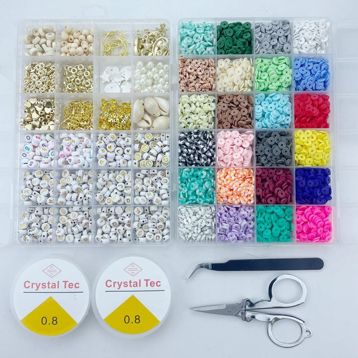 The Fashiongirl Clay Beads / Heishi Beads Bohemian Kit is a KREA DIY Jewellery Kit with 6000 assorted beads, gold findings, Crystal Tec string rolls, small scissors, and tweezers—all neatly arranged for your creative projects.