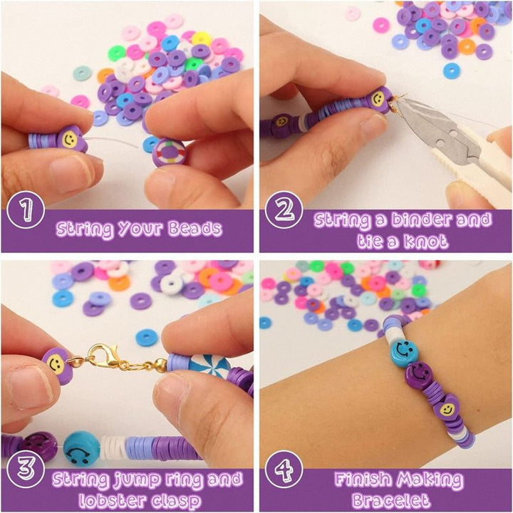 A four-step photo guide shows how to make a colorful bracelet using the Fashiongirl Clay Beads / Heishi Beads Fimo Kit - KREA DIY Jewellery Kit with 4500 pcs, including stringing beads, tying knots, adding a clasp and jump ring, and styling on your wrist.
