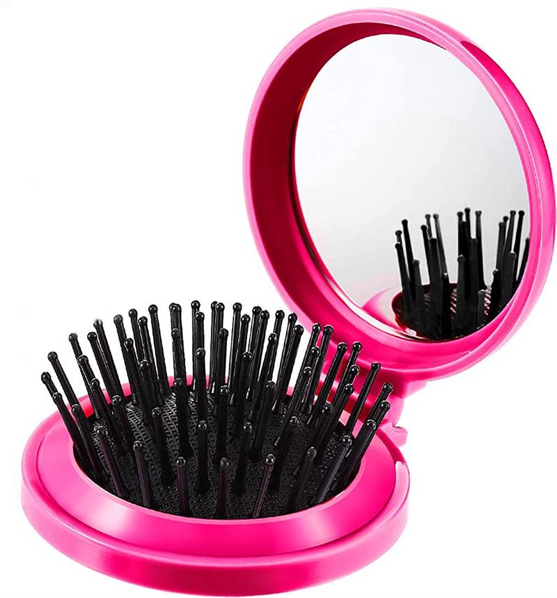 Compact makeup mirror with brush - Pink - | Fashiongirl