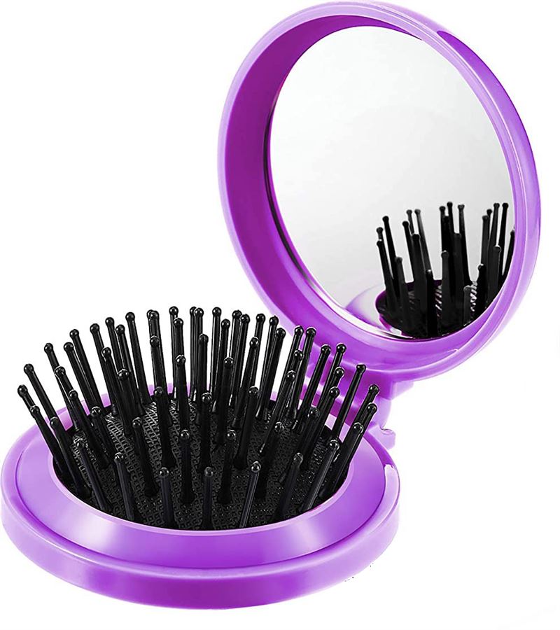 Compact makeup mirror with brush - Purple - | Fashiongirl