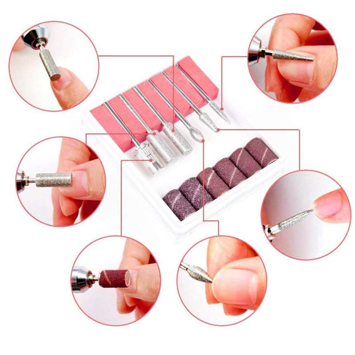 The Fashiongirl Electric Nail File 6-in-1 Manicure Set in Pink includes drill bits and sanding bands in a case, fitting any electric nail file. Six images highlight the versatile bits held by fingers for nail care and manicures.