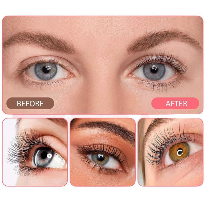 Close-up comparison: Top shows natural lashes (left) vs. salon-quality curled lashes (right) after using the Lash Lift Kit by IconSign from Fashiongirl. Bottom row features three eyes with long, curled eyelashes achieved at home.