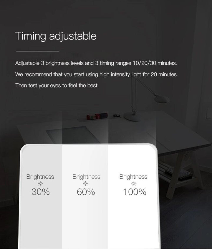 A promotional graphic showcases the Fashiongirl Light Therapy Lamp 10,000 lux LED, featuring adjustable lighting with 3 brightness levels and timer options—ideal for light therapy and relieving winter depression with artificial daylight.