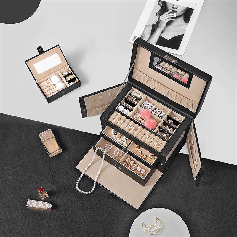 Luna XL Leather jewellery box with 20 compartments - Black - Jewelry Box