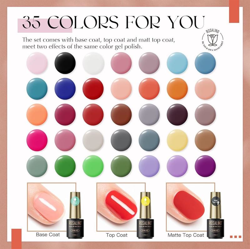 ROSALIND 38 - Piece Gel Nail Polish Set with 35 Colours + Base Coat &amp; Top Coats (38 x 5 ml) - | Fashiongirl