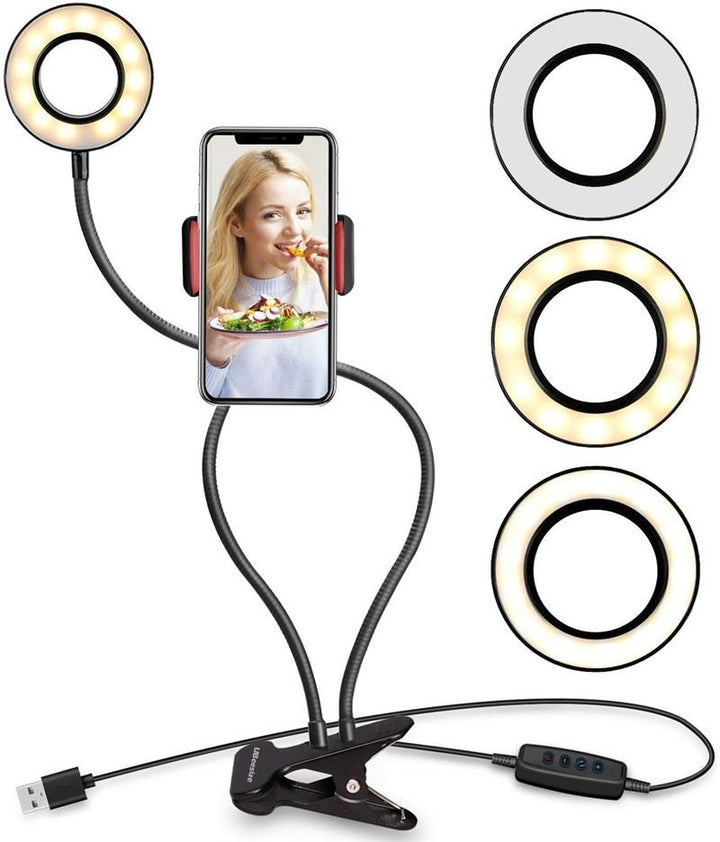 The UNIQ Selfie Ring Light with LED brightness control features flexible arms, a USB plug, and a control switch. Perfect for streaming, vlogs, YouTube, or makeup with three light tones—warm, neutral, and cool—for shake-free shooting.