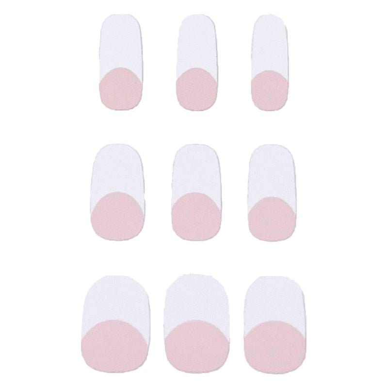 Ten UNIQ Semi Cured Gel Nail Stickers (JK-331) featuring a classic French design—white base with pink semicircle—are arranged in two columns on a plain white background. Self-adhesive and easy to apply.