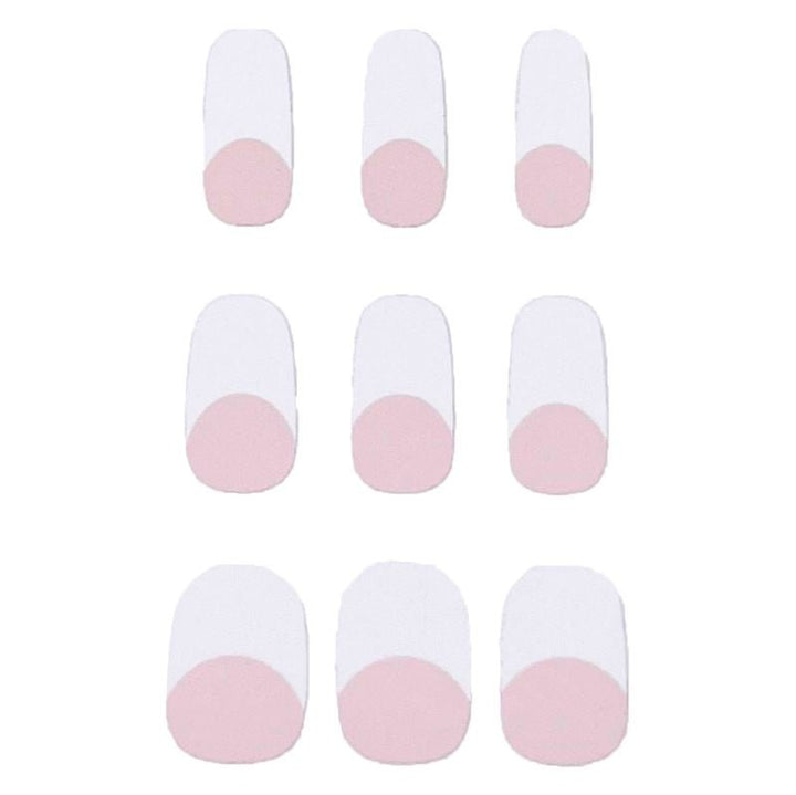 Ten UNIQ Semi Cured Gel Nail Stickers (JK-331) featuring a classic French design—white base with pink semicircle—are arranged in two columns on a plain white background. Self-adhesive and easy to apply.