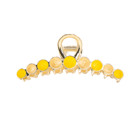 The SOHO Becca Hair Claw - Lemon features a curved gold design with nine round yellow and gold accents—ideal for securing a messy bun or adding a touch of elegance to your hair accessory collection.