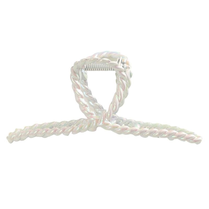The SOHO Caprina Hair Claw - White by SOHO features an iridescent twisted plastic design with a looped bow and visible metal spring, resembling a unicorn horn and shining against a white background.