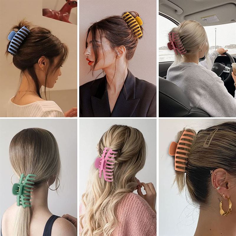 A collage of six women with varied hairstyles, each styling their hair with the SOHO Kana Hair Claw in Bark Brown by SOHO. The hair claw offers a strong grip and is suitable for all hair types.