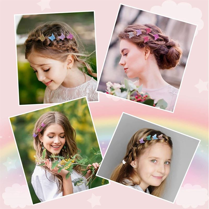 Four young girls with braided hair wear SOHO Mini Butterfly Hair Claws—colorful hair decorations from the SOHO brand. Each girl is in a unique scene, against pastel rainbow and cloud backgrounds, smiling or looking down. 50 pcs per set, multicolour.