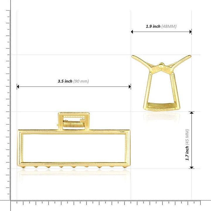 The SOHO Niba Large Metal Hair Claw in gold is displayed from two angles with labeled dimensions: 3.5" (90mm) wide, 1.7" (45mm) tall, and 1.9" (48mm) deep—ideal for securing a messy bun with this stylish SOHO accessory.