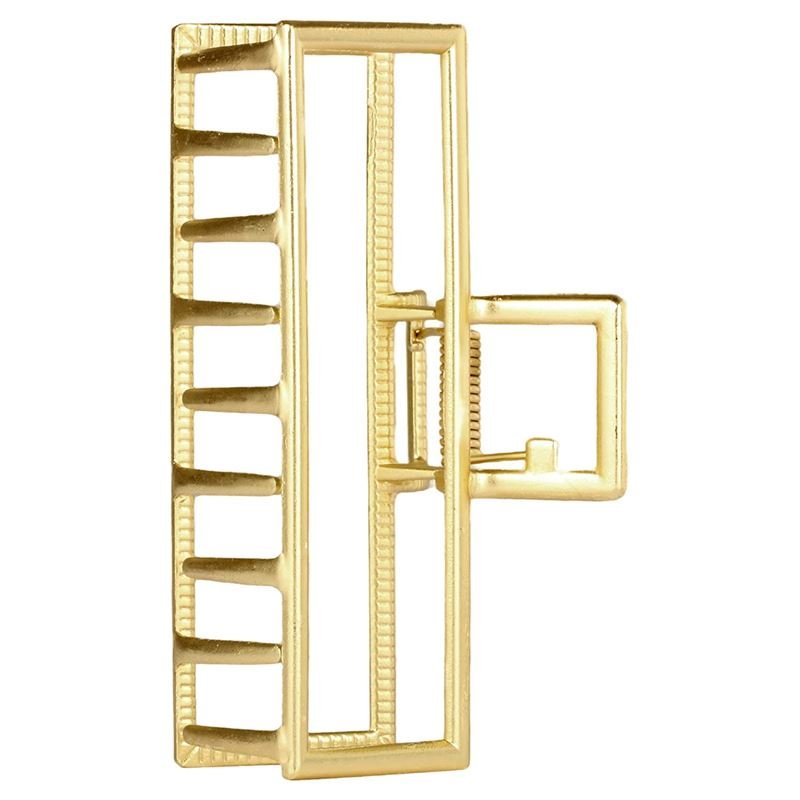 The SOHO Niba Large Metal Hair Claw in gold features a geometric rectangular ladder design with parallel bars, an open frame, and a secure side hinge and clasp—ideal for styling messy buns with elegance from SOHO.