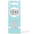 SOHO Snag-Free Hair Elastics - 10 stuks in transparant, 4 mm dik, geleverd in een lichtblauwe verpakking met een cirkelvormig patroon en kijkvenster. Sterk, elastisch en zacht voor alle haartypes.