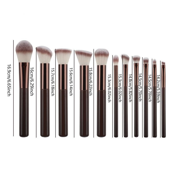 The Technique PRO Chocolate Bronze Makeup Brush Set includes 11 professional brushes with dark handles and soft, angled or rounded bristles, sized from 16.9 cm to 12.2 cm, including a versatile foundation brush—all arranged by size.