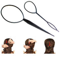 De Fashiongirl Topsy Tail Hair Styling Tool 2 Piece Set wordt hierboven getoond met drie afbeeldingen die stap voor stap laten zien hoe je de tool kunt gebruiken om een gedraaid opgestoken kapsel te creëren met lang bruin haar, aangegeven door rode pijlen.