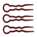 Het SOHO Twist Chignon Hairpins-pakket van 3 bevat bruine, golvende spelden met ronde handvatten op een witte achtergrond – ideaal om je favoriete chignon of opgestoken kapsel vast te zetten.
