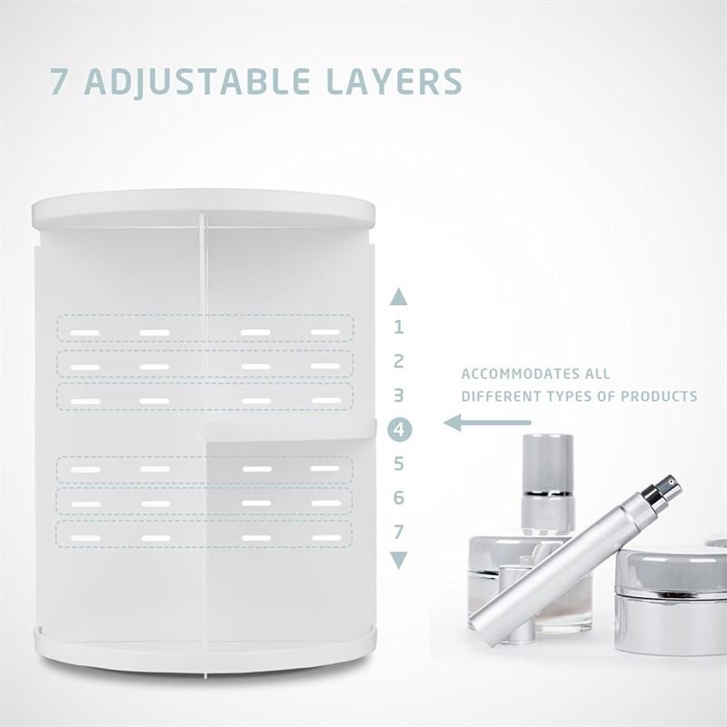The UNIQ 360° Rotating Makeup Organizer in white is shown with 7 adjustable shelves labeled 1-7, displaying cosmetics and a spray bottle beside it. Text reads, "Accommodates all different types of products.