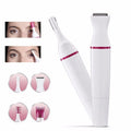 De UNIQ 5-in-1 trimmer voor wenkbrauwen, neus, bikinilijn en gezichtsepilator van UNIQ wordt getoond in wit en roze met opzetstukken. Close-ups tonen een vrouw die de precisietrimmer gebruikt. Vier pictogrammen benadrukken de veelzijdige opzetstukken.