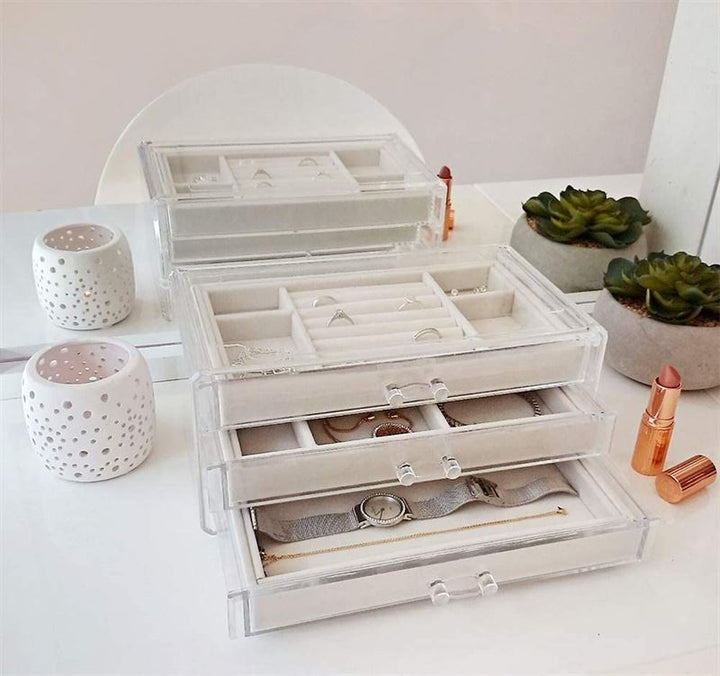 UNIQ Acrylic Jewellery Box with 3 Drawers - Organiser storage for earrings, necklaces, bracelets, watches etc. - Jewelry Box