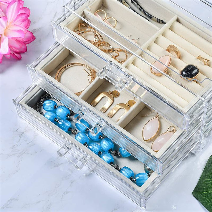 UNIQ Acrylic Jewellery Box with 3 Drawers - Organiser storage for earrings, necklaces, bracelets, watches etc. - Jewelry Box