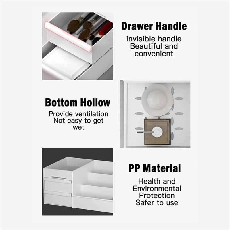 The UNIQ Cosmetic Organiser with Two Drawers (White - P110) features an invisible handle, ventilated bottom, and is made from health-safe, eco-friendly PP material.