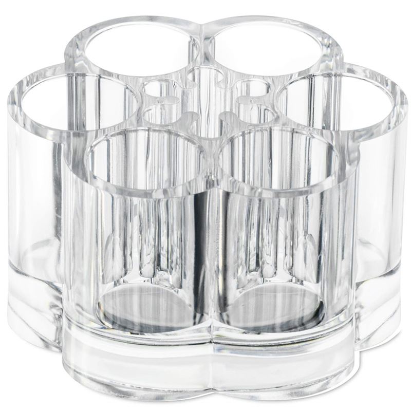 The UNIQ Flower Makeup Acrylic Organiser - U301 by UNIQ features multiple cylindrical compartments, ideal for storing pencils, brushes, or other small items in a stylish flower-shaped clear acrylic design.
