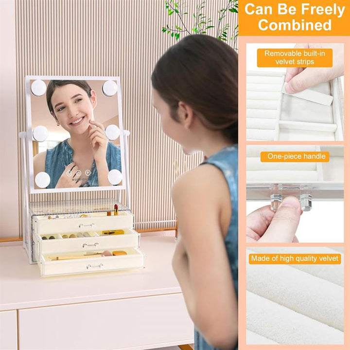 UNIQ Glasgow Vanity Makeup Mirror with 6 LED Bulbs and 3 Jewellery Storage Drawers - | Fashiongirl