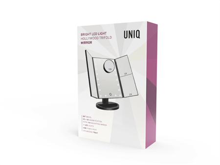 UNIQ Hollywood Makeup Mirror Trifold mirror with LED light, Black - | Fashiongirl