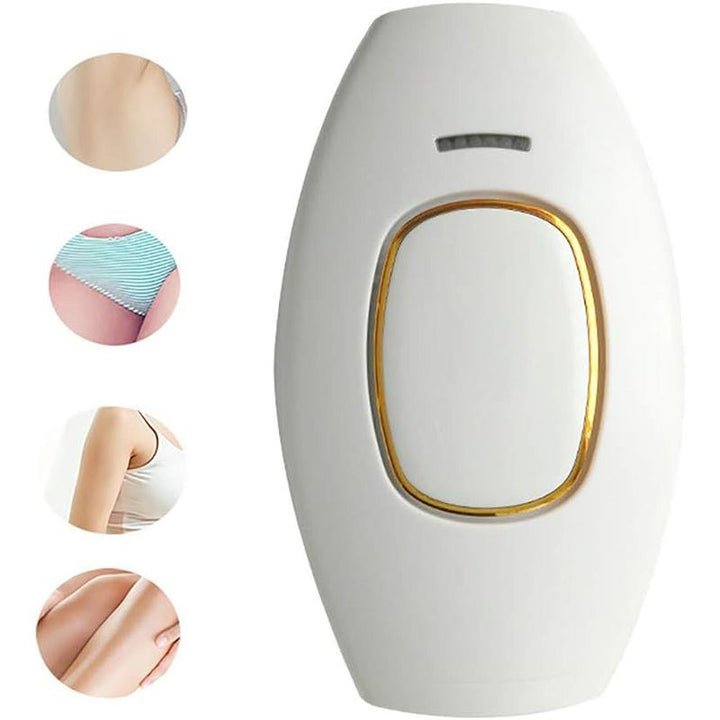 The UNIQ IPL Hair Removal Device, shown in white and gold with side images of underarm, bikini line, arm, and leg, offers smooth, pain-free permanent hair reduction at home with 600,000 flashes.