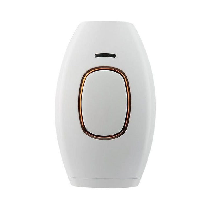 The UNIQ IPL Hair Removal Device, a white handheld tool with a gold-bordered button and black indicator, offers smooth, pain-free permanent hair reduction at home with 600,000 flashes. Shown against a plain white background.
