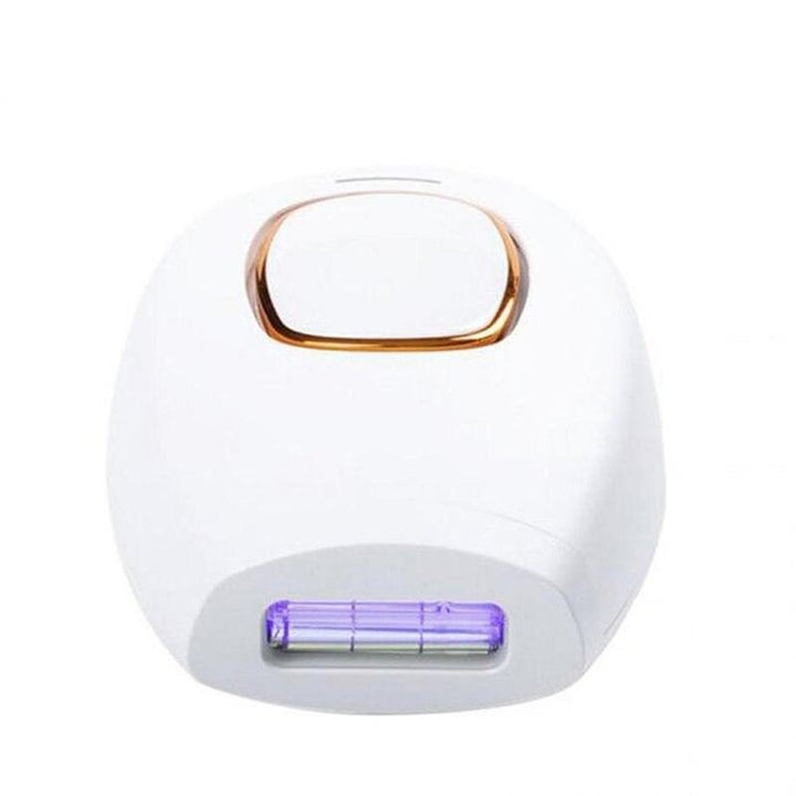 The UNIQ IPL Hair Removal Device, a white handheld device with gold accents and a purple light window, offers smooth, pain-free permanent hair reduction at home with 600,000 flashes and is shown against a plain white background.