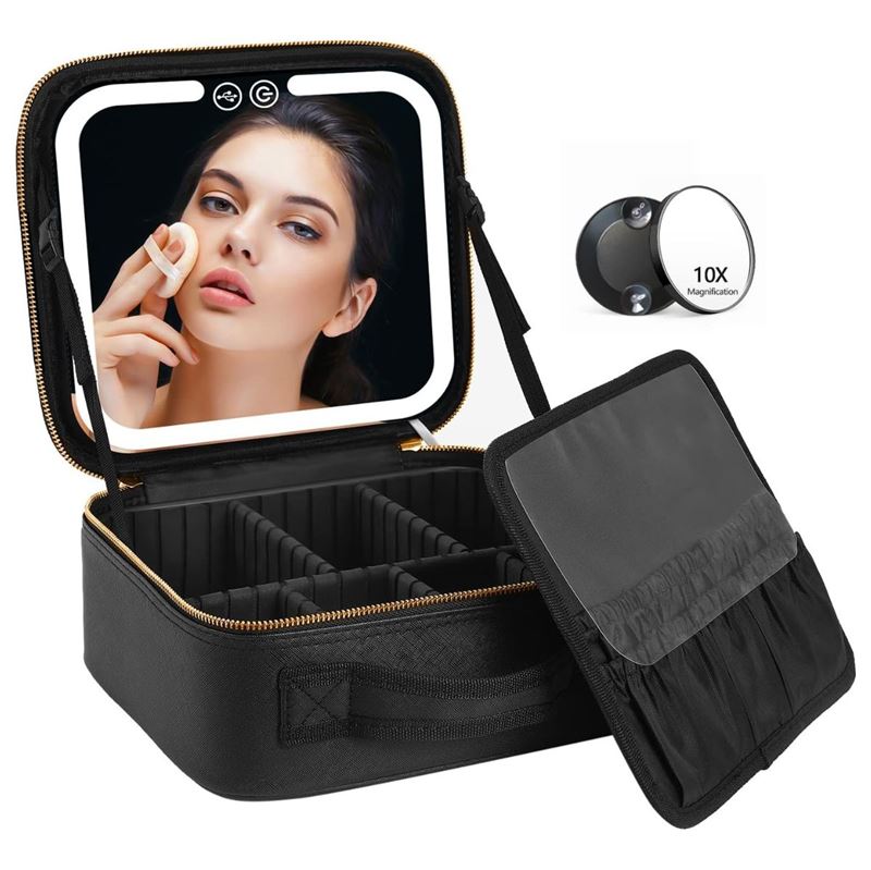 The UNIQ LED Makeup Travel Case with Mirror by UNIQ is a black portable cosmetic organizer bag, featuring adjustable dividers, a built-in mirror for makeup application, and an additional 10x magnification mirror for beauty on the go.