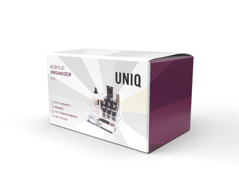 The UNIQ Makeup Acrylic Organiser with 1 drawer + top (SF-1061) by UNIQ comes in a mainly white box with purple accents and an image of the clear organiser holding cosmetics—ideal for stylish beauty storage or as a chic makeup organiser.