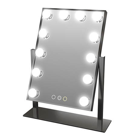 The UNIQ New York Mega makeup mirror features a sleek black frame, 12 illuminated bulbs, and three touch control buttons at the bottom center for easy use. This rectangular mirror by UNIQ comes mounted on a stand.