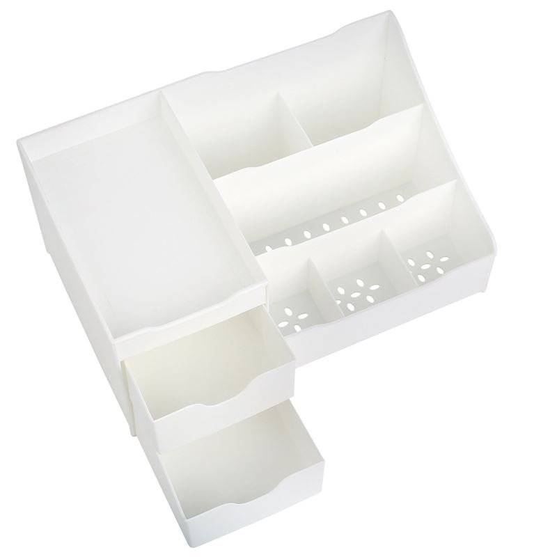 The UNIQ Organiser for makeup & skincare products features 9 compartments and two pull-out drawers in white plastic, offering versatile storage for various small items—a must-have solution from UNIQ.
