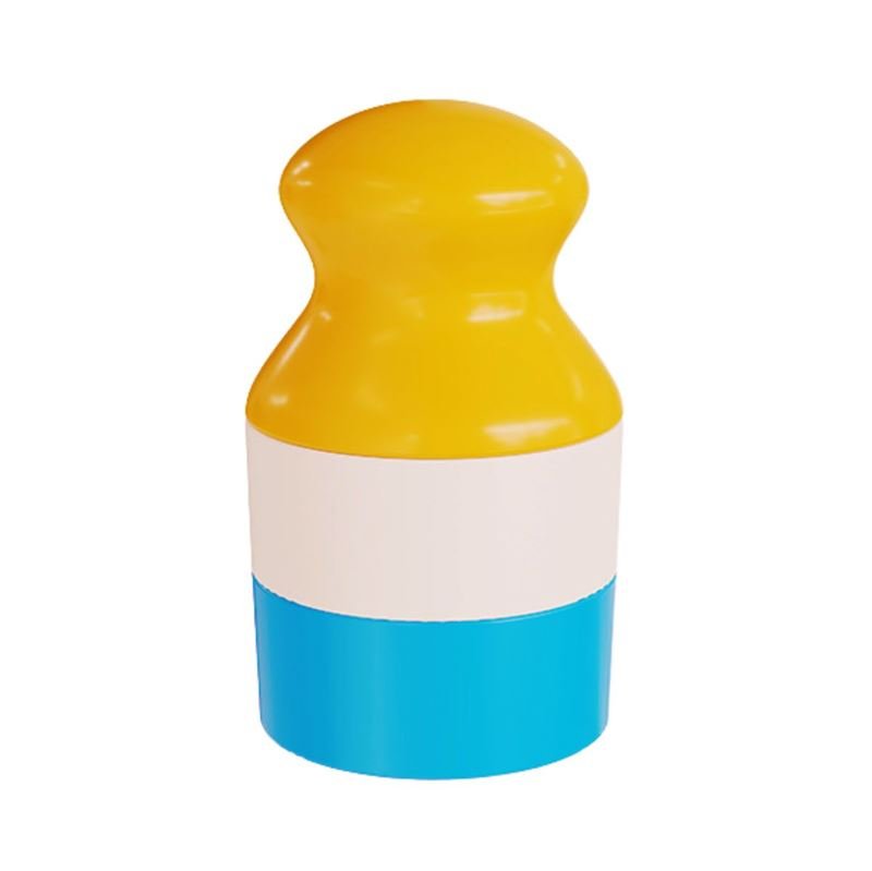 The UNIQ Portable Refillable Sponge Roller Applicator (100ml) by UNIQ features a rounded yellow top, white middle, and blue base—perfect for mess-free sunscreen or lotion application for kids, shown on a white background.