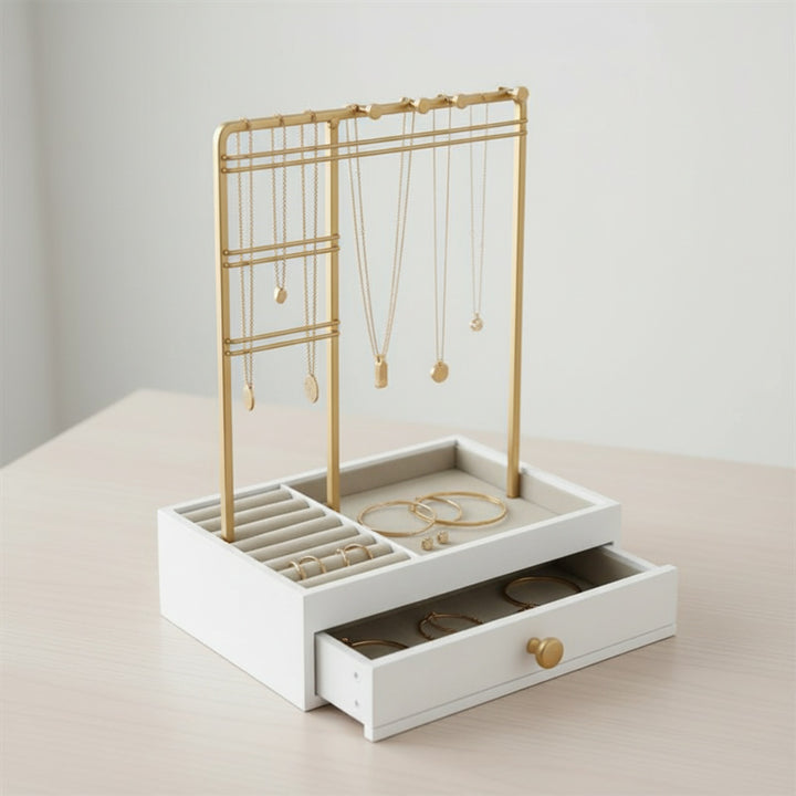 UNIQ Gouden Sieradenstandaard met Lade - Sieradenhouder voor Oorbellen en Kettingen (29 cm)