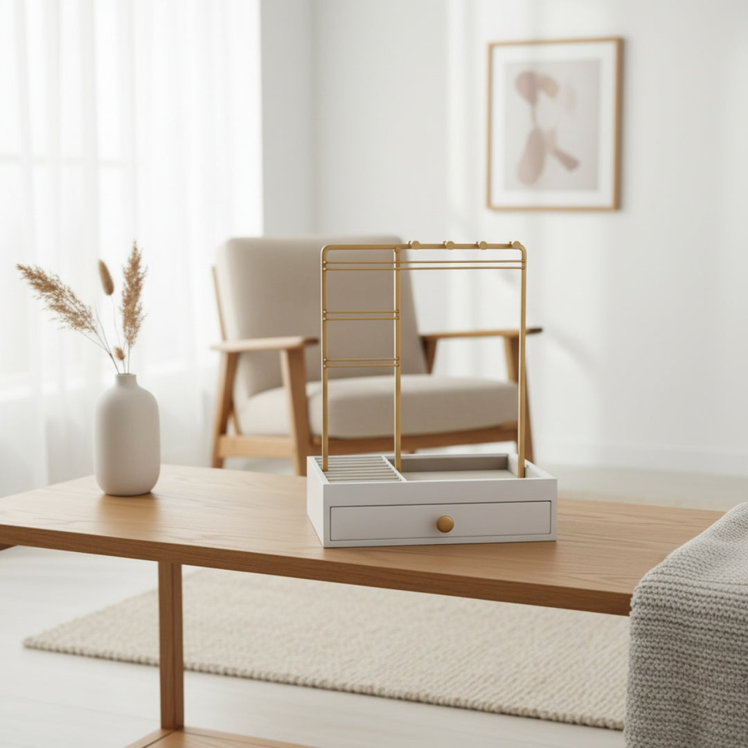 UNIQ Gouden Sieradenstandaard met Lade - Sieradenhouder voor Oorbellen en Kettingen (29 cm)
