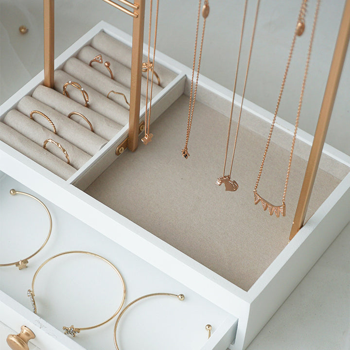 UNIQ Gouden Sieradenstandaard met Lade - Sieradenhouder voor Oorbellen en Kettingen (29 cm)
